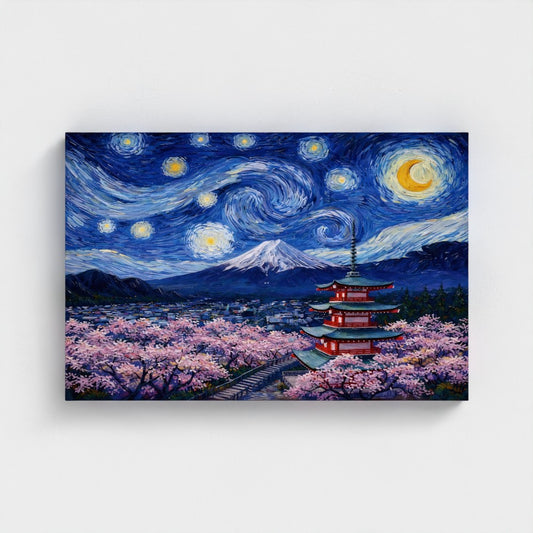 Bloesem Mount Fuji & Pagode - Van Gogh Stijl- Eco Canvas - (Gerecycled)