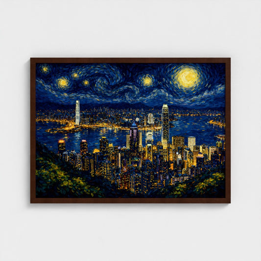 Hong Kong "Starry Skyline" – Van Gogh Stijl – Ingelijst (50x70cm) - Fine Art Print