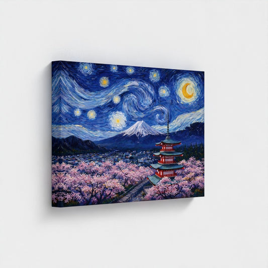 Bloesem Mount Fuji & Pagode - Van Gogh Stijl- Eco Canvas - (Gerecycled)