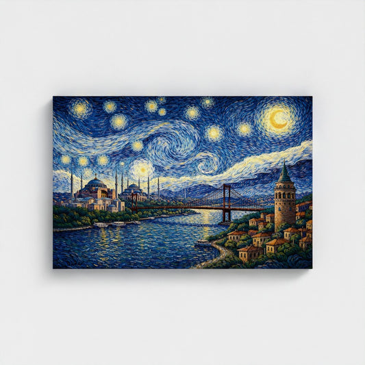 Gouden Bosporus: Istanbuls Skyline - Van Gogh Stijl  - Eco Canvas - (Gerecycled)