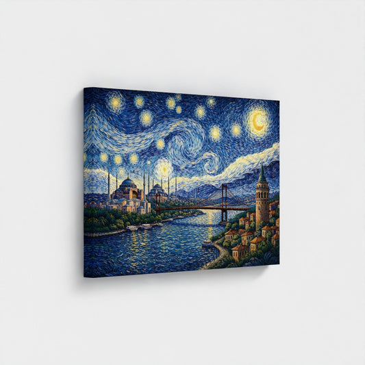 Gouden Bosporus: Istanbuls Skyline - Van Gogh Stijl  - Eco Canvas - (Gerecycled)