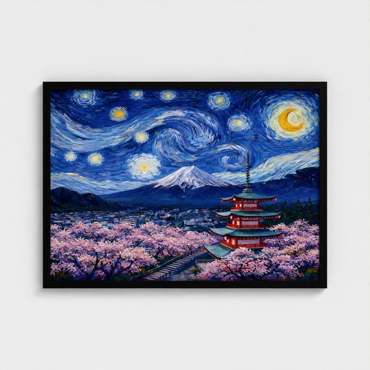 Bloesem Mount Fuji & Pagode - Van Gogh Stijl - Ingelijst (50x70cm) - Fine Art Print