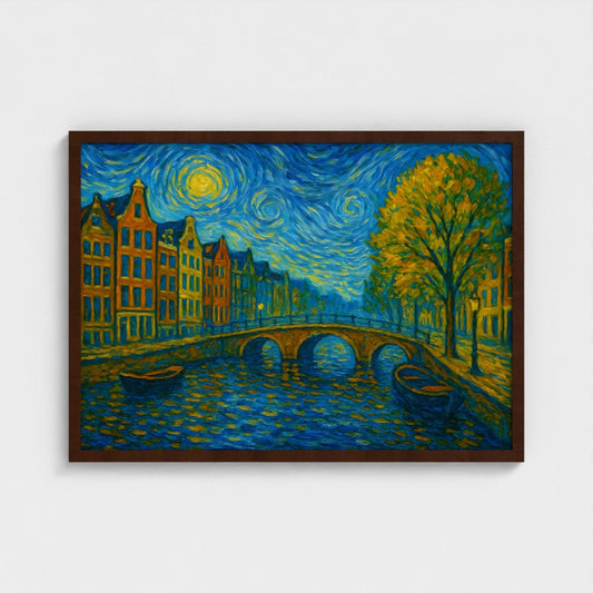 Amsterdamse grachten - Van Gogh Stijl - Ingelijst (50x70cm) - Fine Art Print