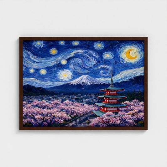 Bloesem Mount Fuji & Pagode - Van Gogh Stijl - Ingelijst (50x70cm) - Fine Art Print