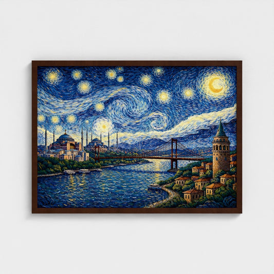 Gouden Bosporus: Istanbuls Skyline - Van Gogh Stijl - Ingelijst (50x70cm) - Fine Art Print