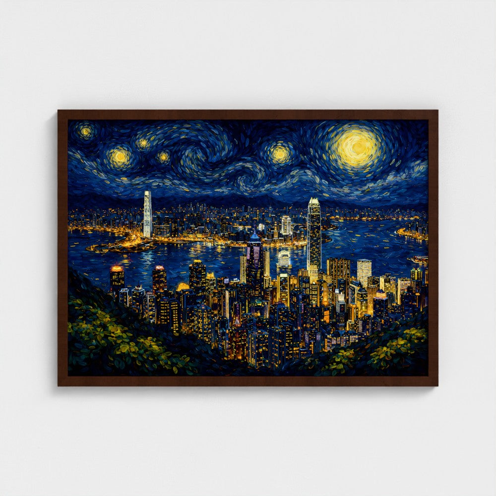 Hong Kong "Starry Skyline" – Van Gogh Stijl – Ingelijst (50x70cm) -  Fine Art Print