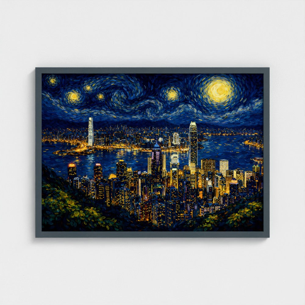 Hong Kong "Starry Skyline" – Van Gogh Stijl – Ingelijst (50x70cm) -  Fine Art Print