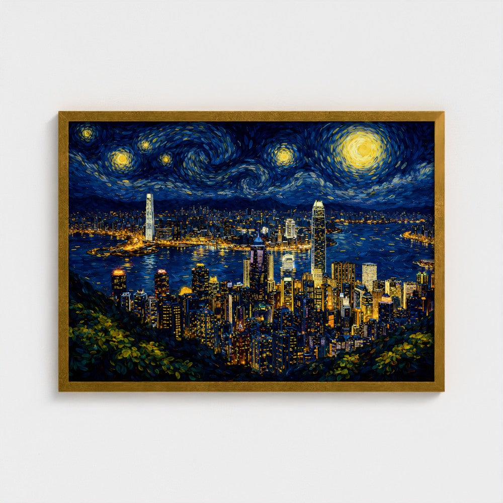 Hong Kong "Starry Skyline" – Van Gogh Stijl – Ingelijst (50x70cm) -  Fine Art Print