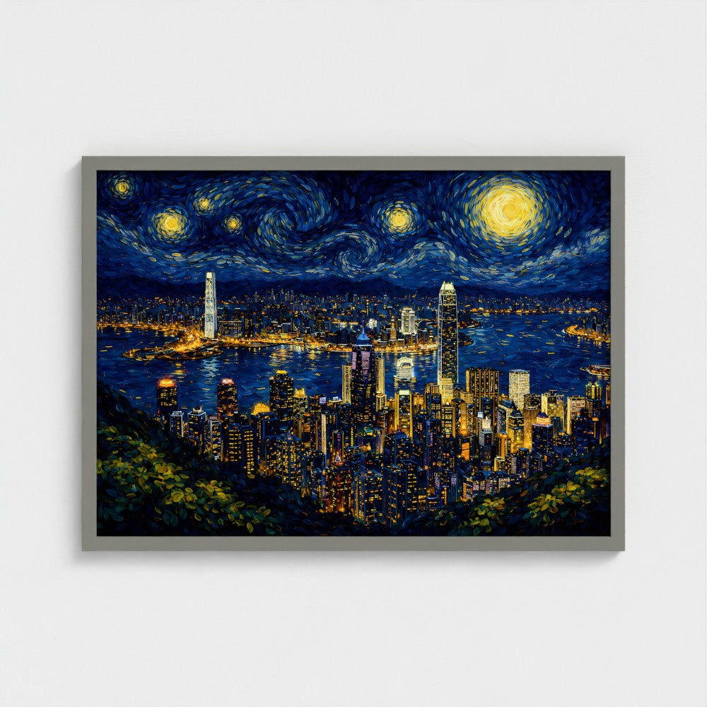 Hong Kong "Starry Skyline" – Van Gogh Stijl – Ingelijst (50x70cm) -  Fine Art Print