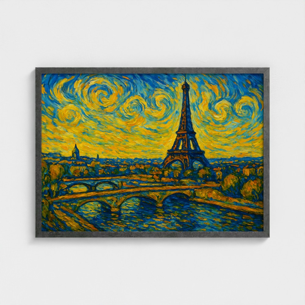 Eiffeltoren in Parijs - Van Gogh Stijl - Ingelijst (50x70cm) - Fine Art Print