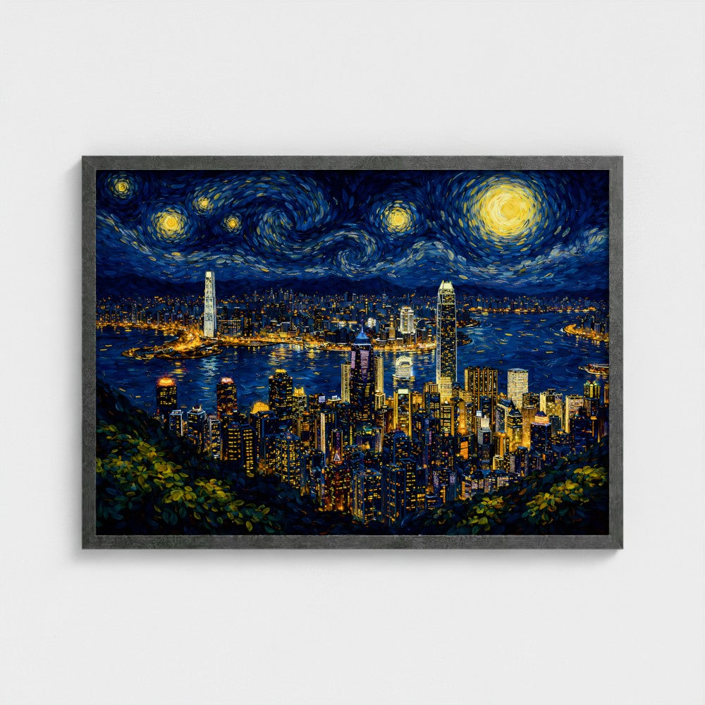 Hong Kong "Starry Skyline" – Van Gogh Stijl – Ingelijst (50x70cm) -  Fine Art Print